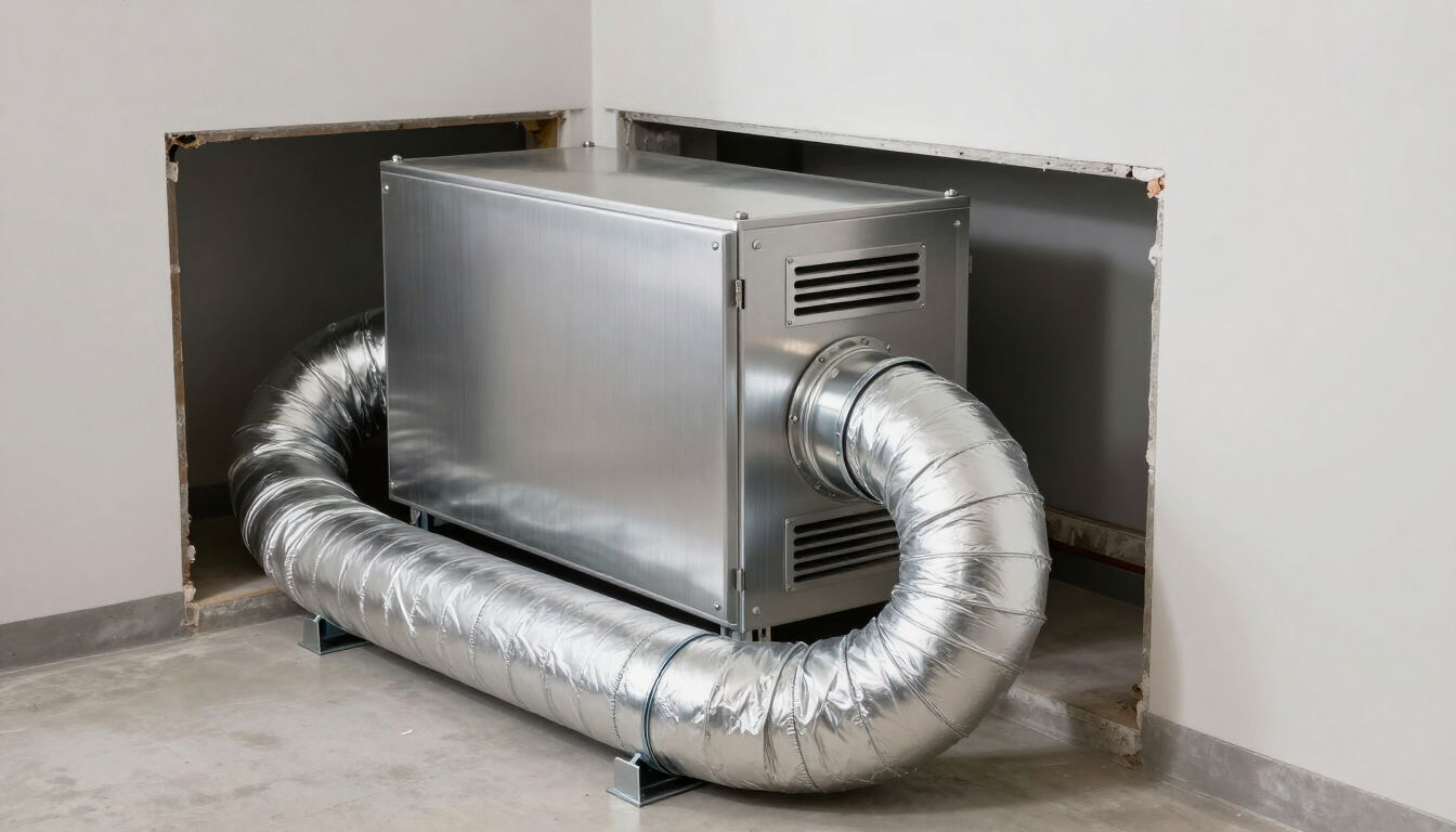 Silver HVAC unit with large flexible ducting in a wall opening inside a room