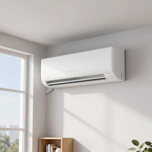 White wall-mounted air conditioner in a bright corner room with sunlight and a window.