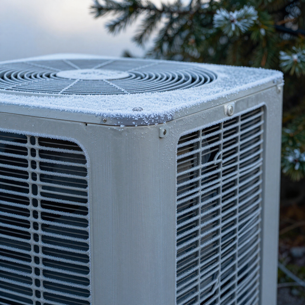 Frost-covered outdoor air conditioner unit with a fan on top and vents on the side