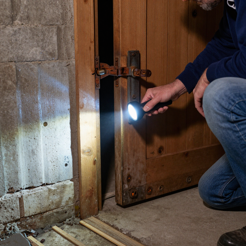 Person uses a flashlight to inspect a wooden door latch in a basement.