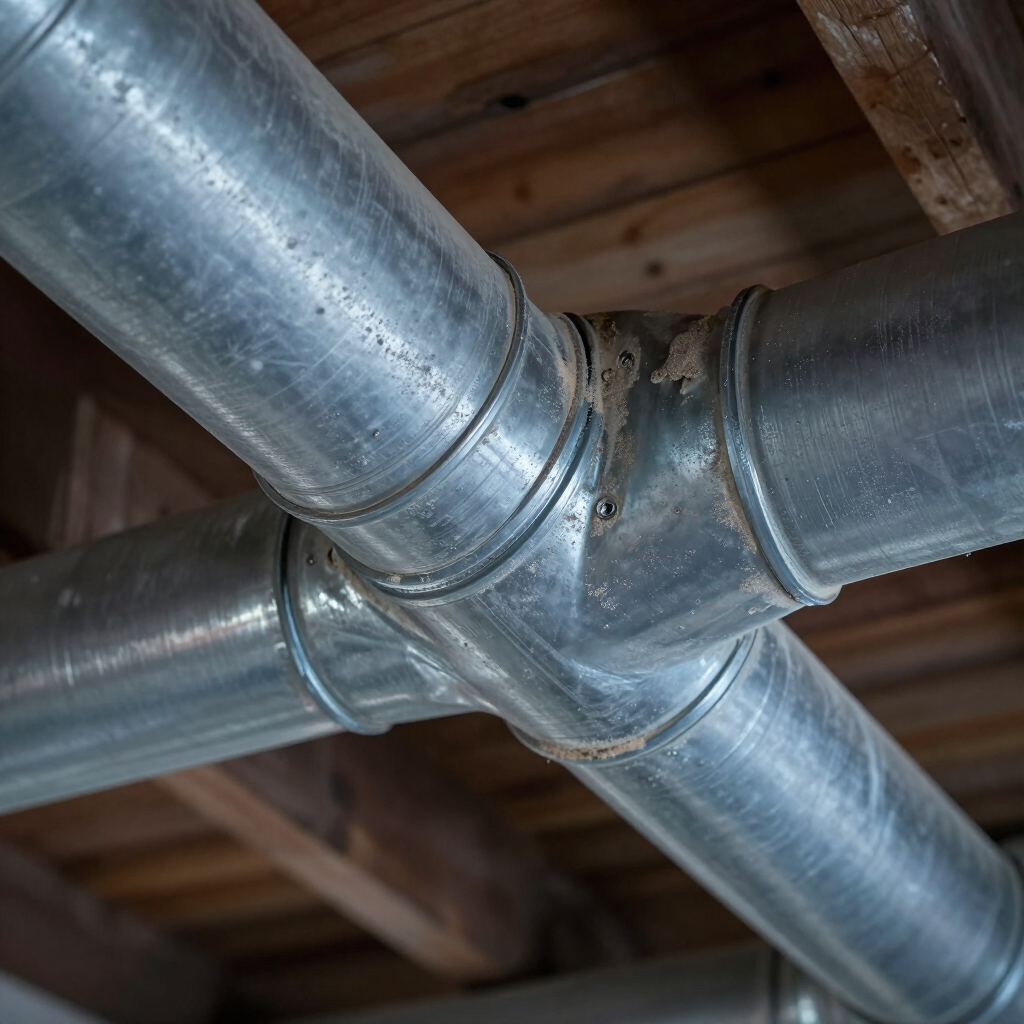Galvanized metal ductwork intersecting in a ceiling space with exposed wooden beams