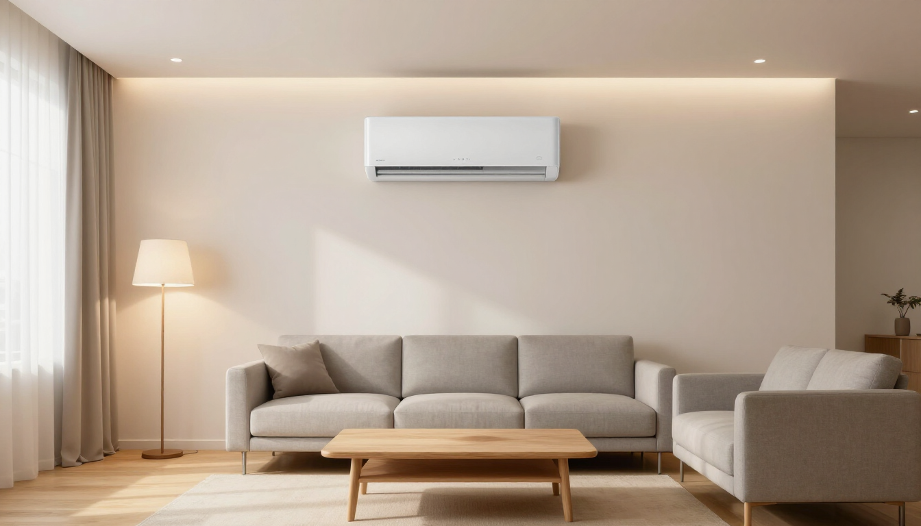 Bright minimalist living room with beige sofas, floor lamp, coffee table, and wall-mounted air conditioner.
