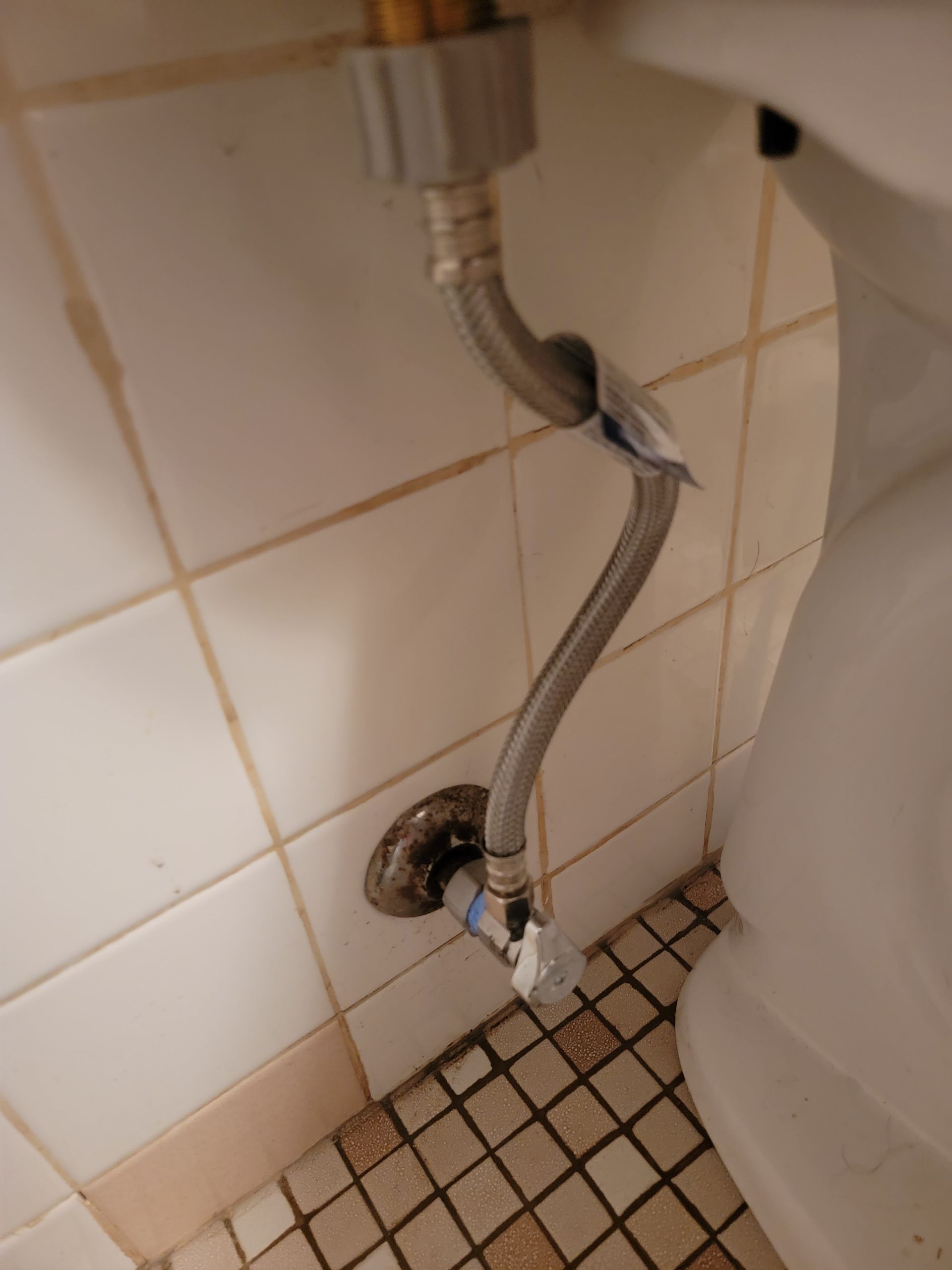 Toilet water supply line. Chrome flexible hose connected to a toilet and wall valve. White and beige tiles in background.