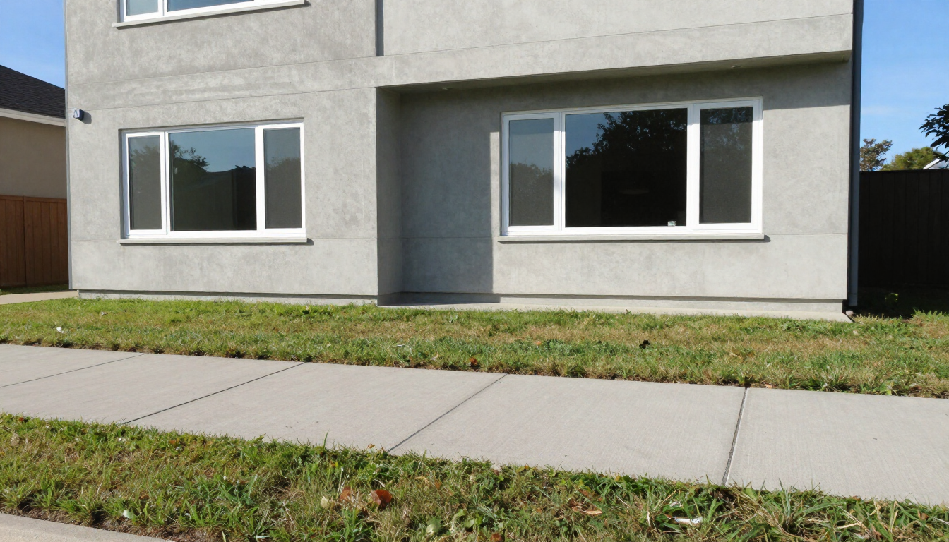 Modern gray house facade with white-trimmed windows, small grass strip, and sidewalk in front