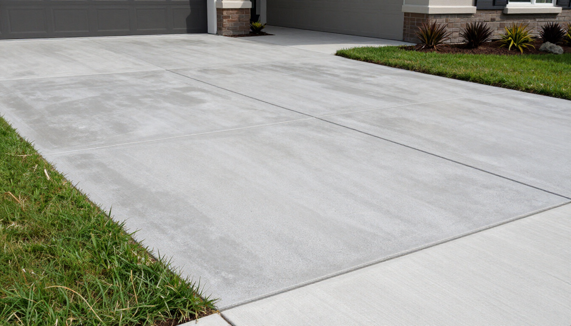 Freshly poured light-gray concrete driveway beside a green lawn and house entrance