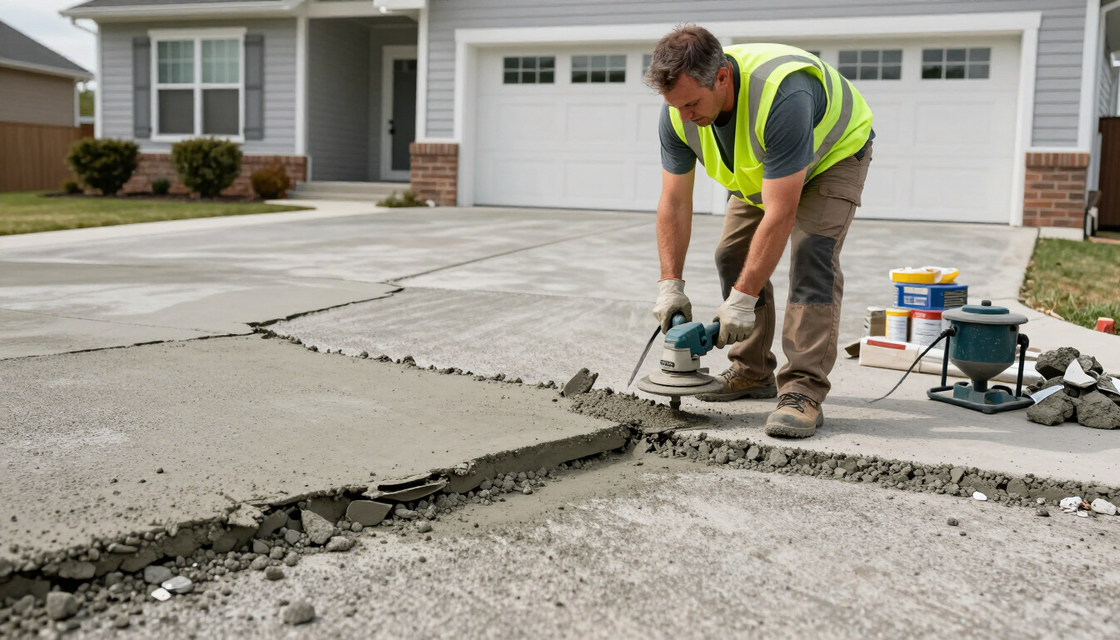Worker using a jackhammer to break up cracked concrete driveway in front of a suburban house