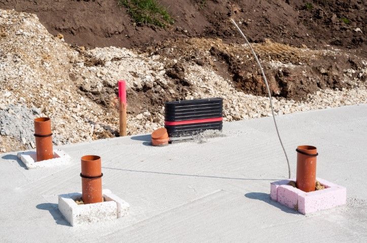 Construction site with four pipe vents on concrete pads and a black-and-red barrier in the background