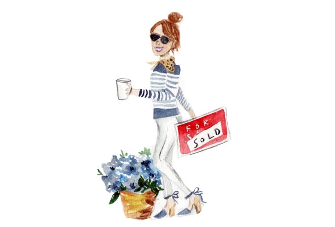 Woman in nautical-style top and white pants carries