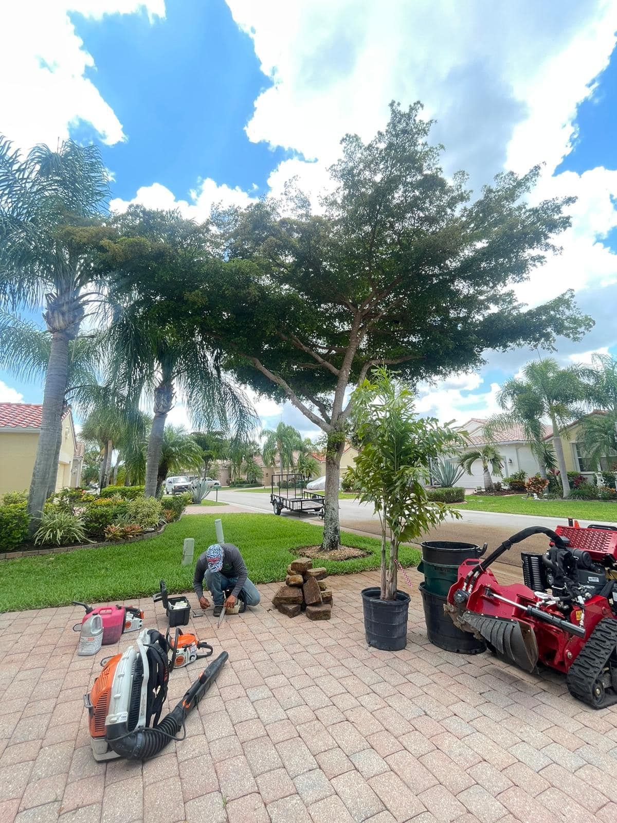 Man working on pavers next to a tree, with tools and equipment nearby. Sunny day, residential setting with palm trees.