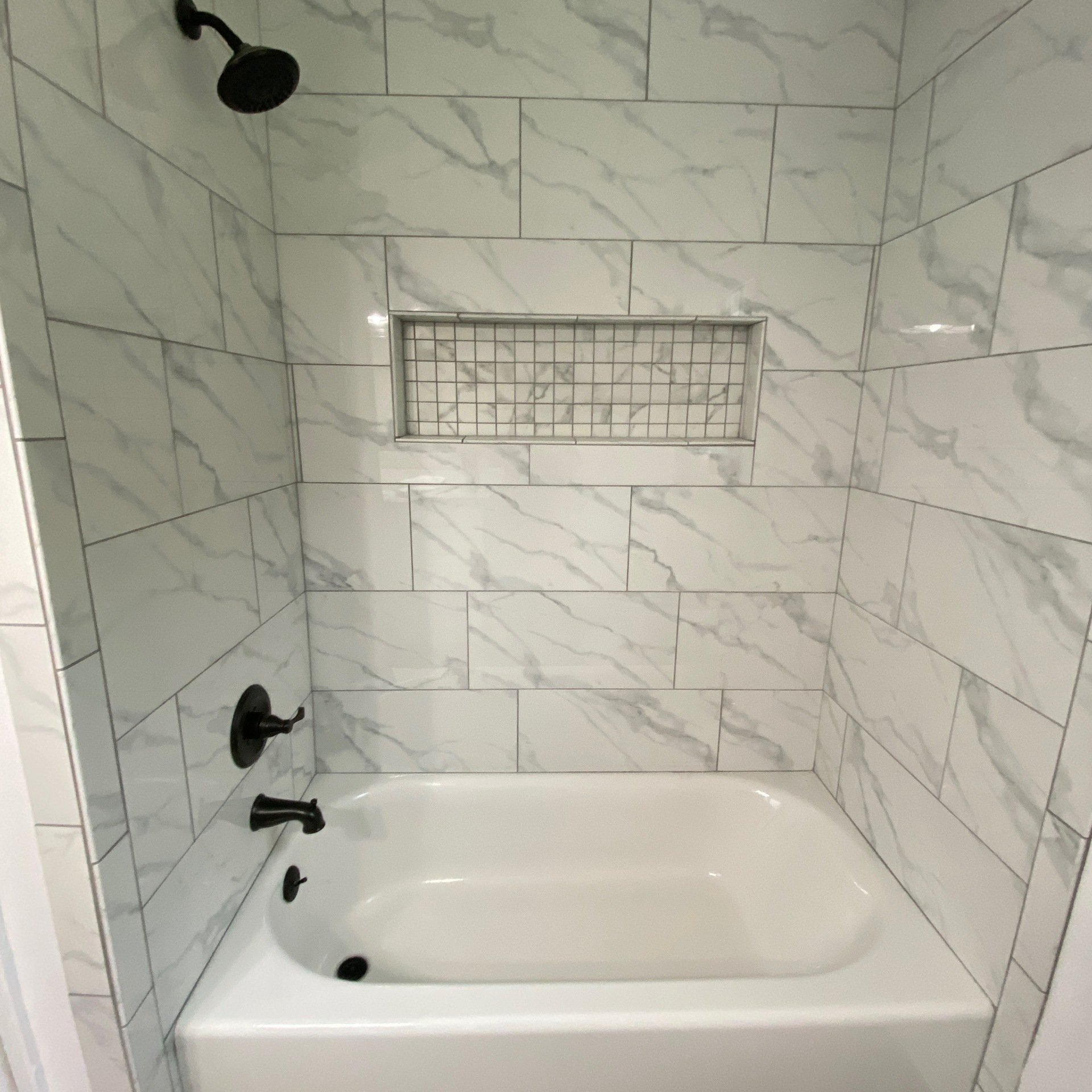 Bathtub tile, shampoo shelf
