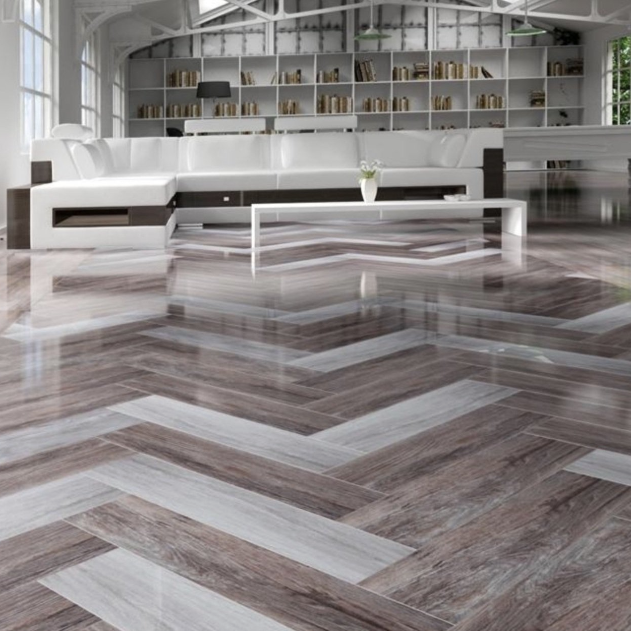 Ceramic tile flooring, herringbone pattern