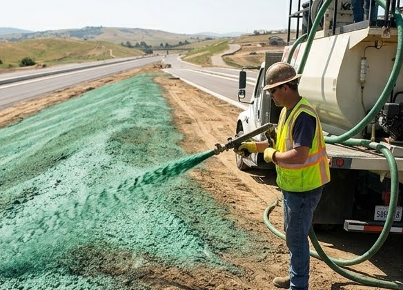 A worker in a high-visibility vest sprays a green mixture onto a roadside slope from a truck for erosion control.