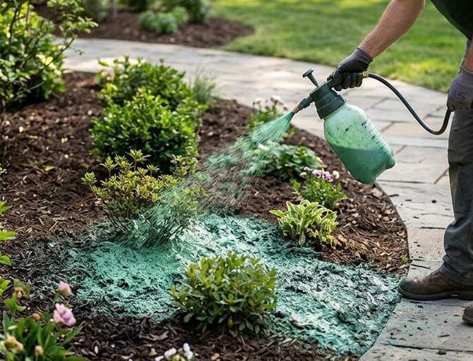 A person wearing gloves sprays a green liquid from a handheld tank onto dark garden mulch around small shrubs.