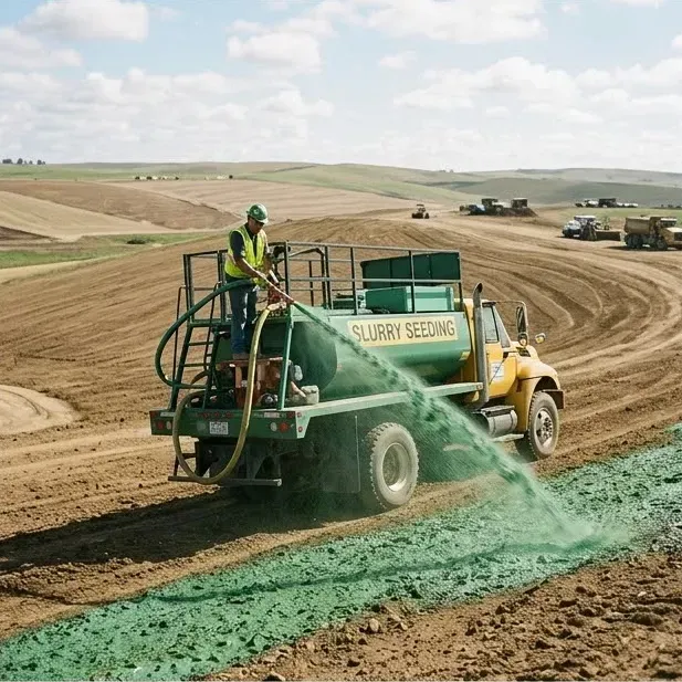 A worker on a yellow truck uses a hose to spray green slurry mulch onto a barren, rolling construction site.