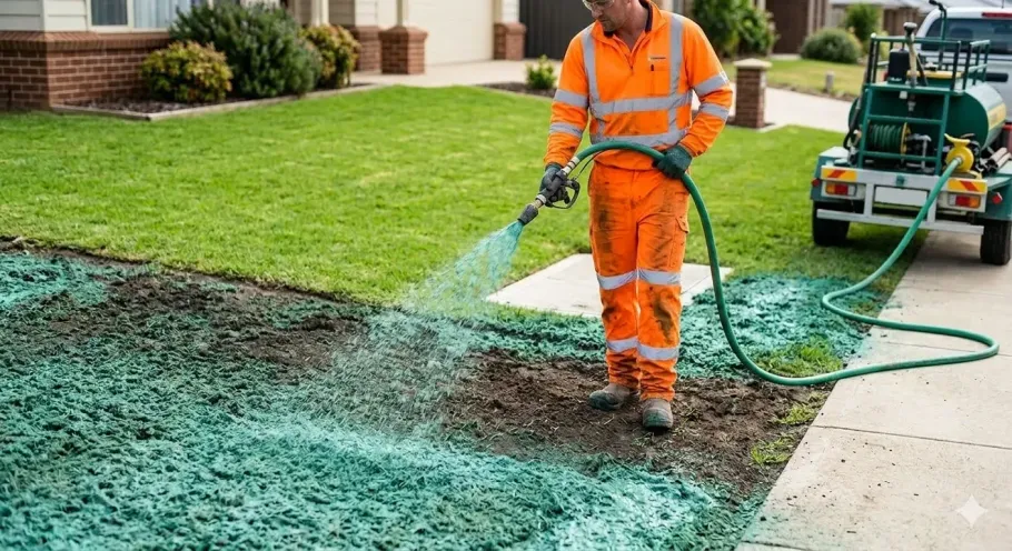 A worker in orange high-visibility gear spray-applies green hydroseed mulch to a residential lawn from a trailer tank.