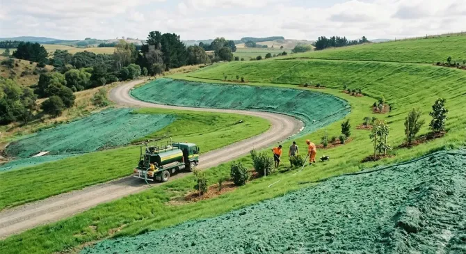 Workers use a truck to hydroseed a winding, hilly landscape with green mulch to promote new grass growth.