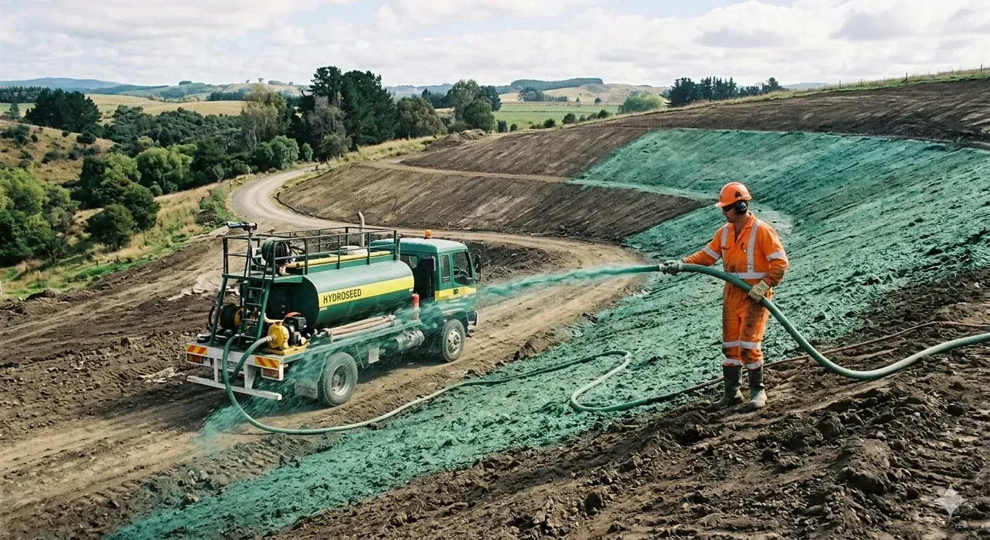 A worker in bright orange safety gear uses a hose to spray green hydroseed onto a dirt embankment from a large tank truck.