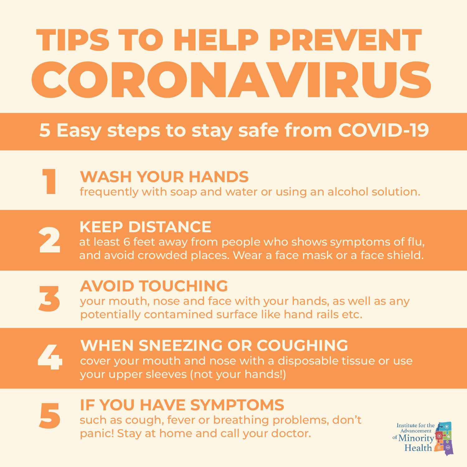 Orange infographic listing 5 steps to prevent coronavirus: wash hands, keep distance, avoid touching, cover cough/sneezes, and get medical help if ill.