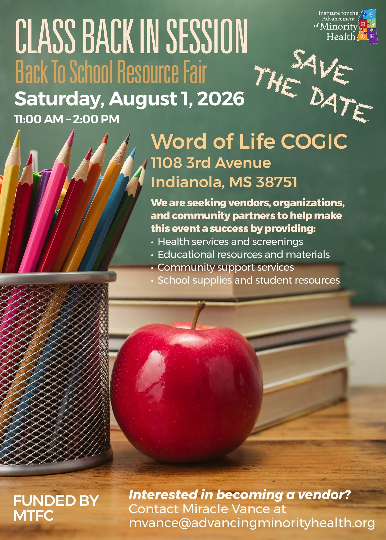 Back to School for Life COGIC event flyer with pencils, apple, books, and school supplies on a desk
