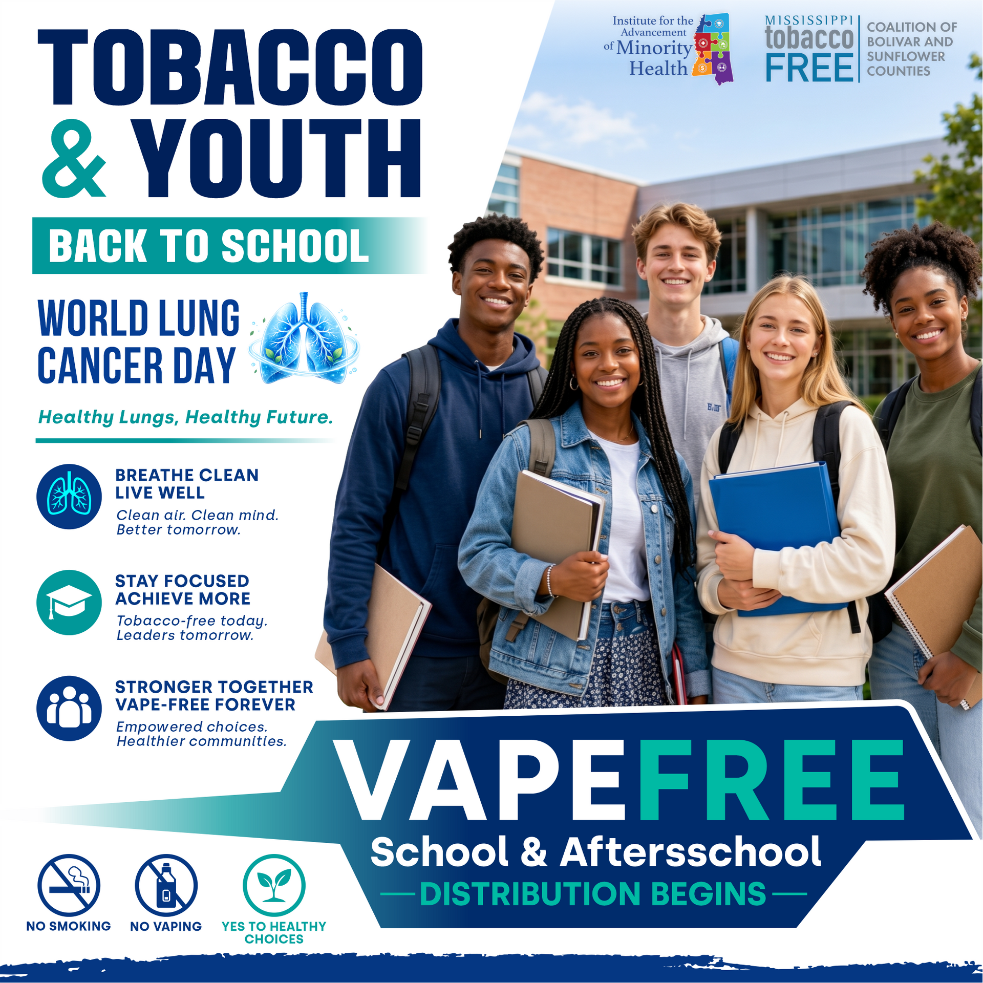 Tobacco and youth back-to-school vape-free safety poster with smiling students and school supplies