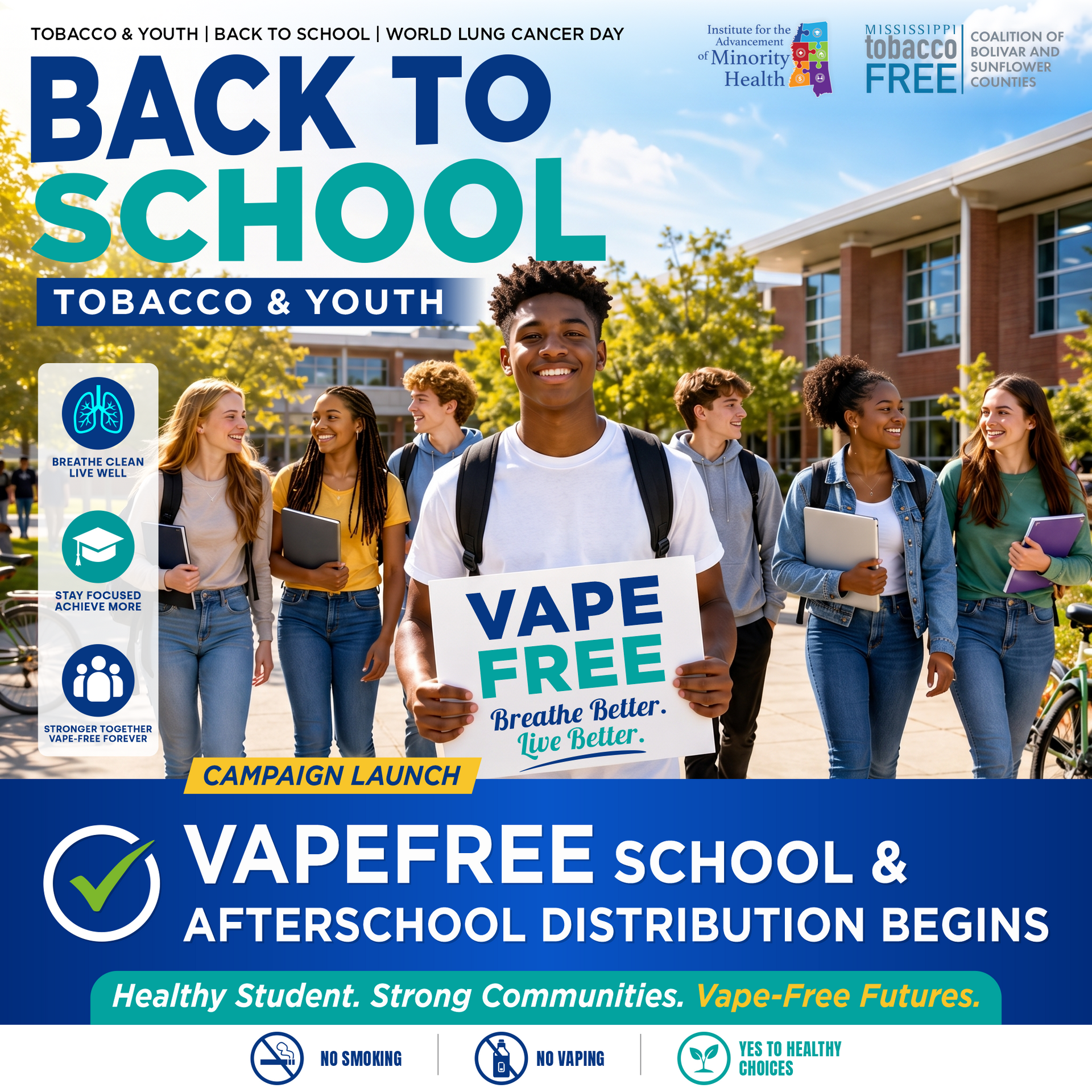 Students holding “VAPE FREE” sign at a back-to-school event promoting tobacco-free schools and youth