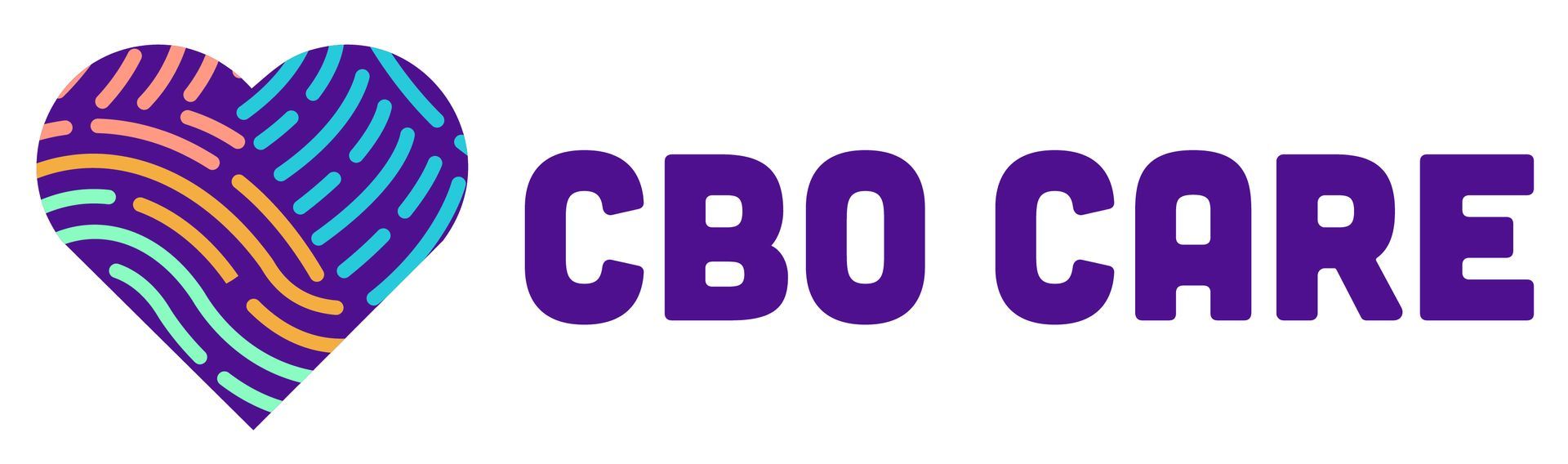 Logo for CBO Care, featuring a heart with fingerprint patterns and text in purple.