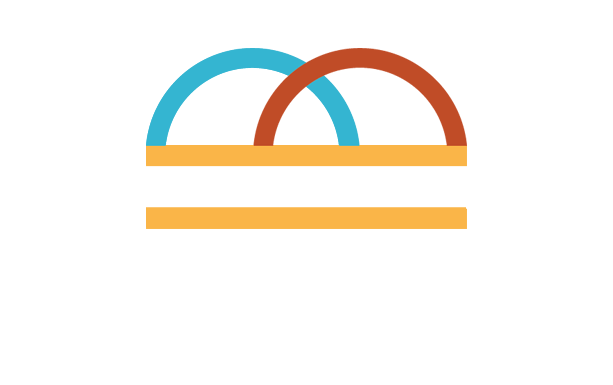 Two overlapping arches: blue and rust-colored above an orange horizontal line; beneath, a white rectangle, and another orange line.