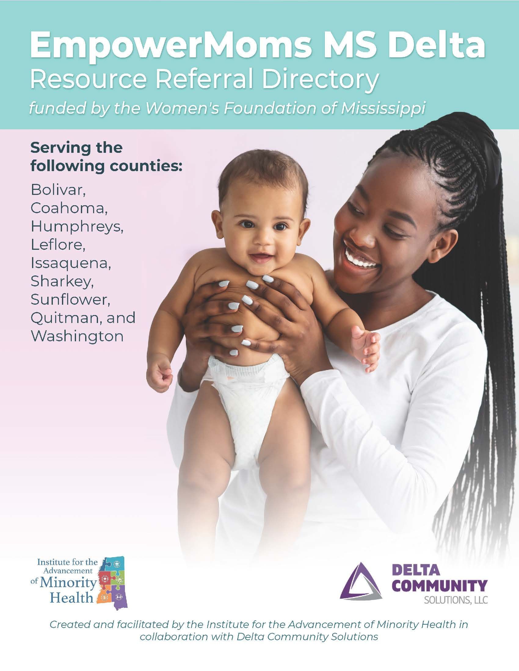 EmpowerMoms MS Delta resource referral directory flyer with smiling woman holding a baby on a teal background