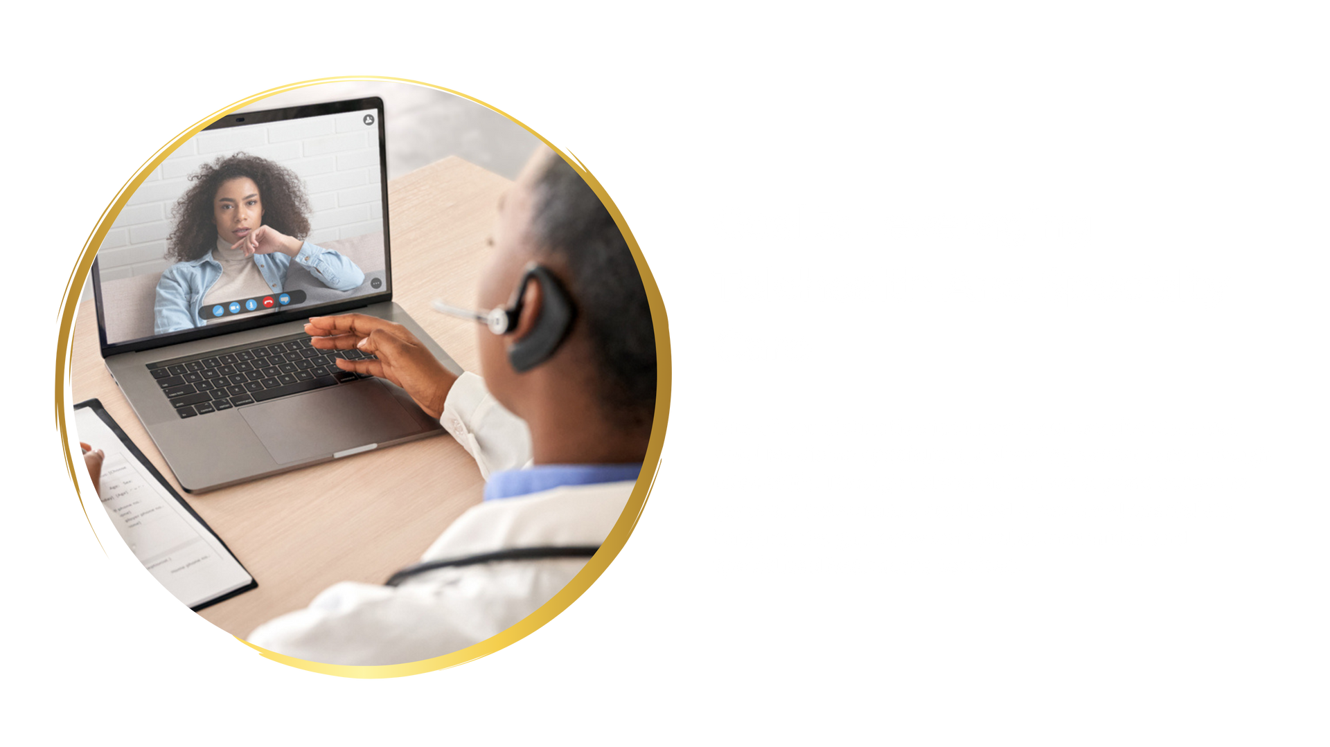 Doctor in white coat on video call with patient; laptop, notepad, headset. RMOMS