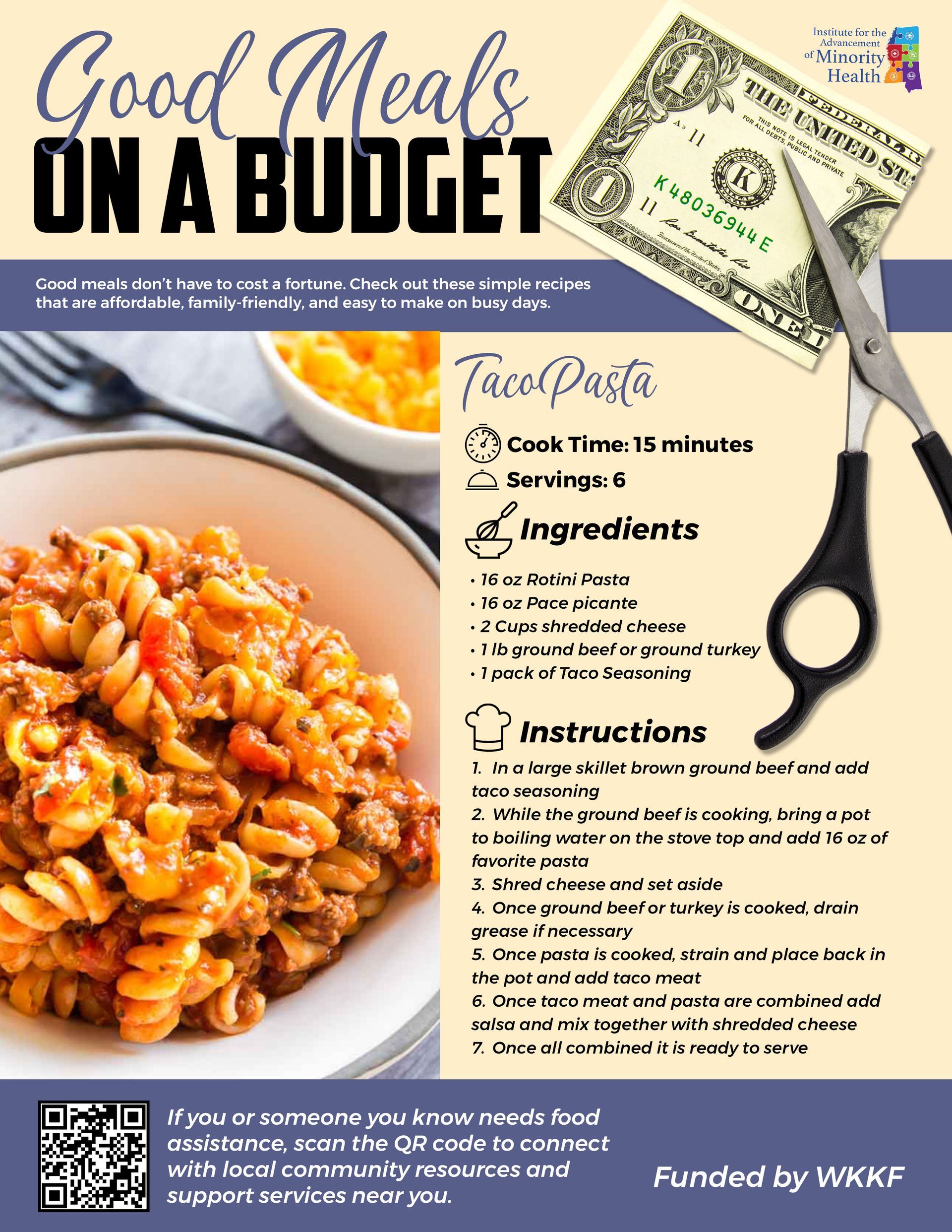 Good Meals on a Budget recipe poster with pasta, ingredients, and a black spoon on a beige background