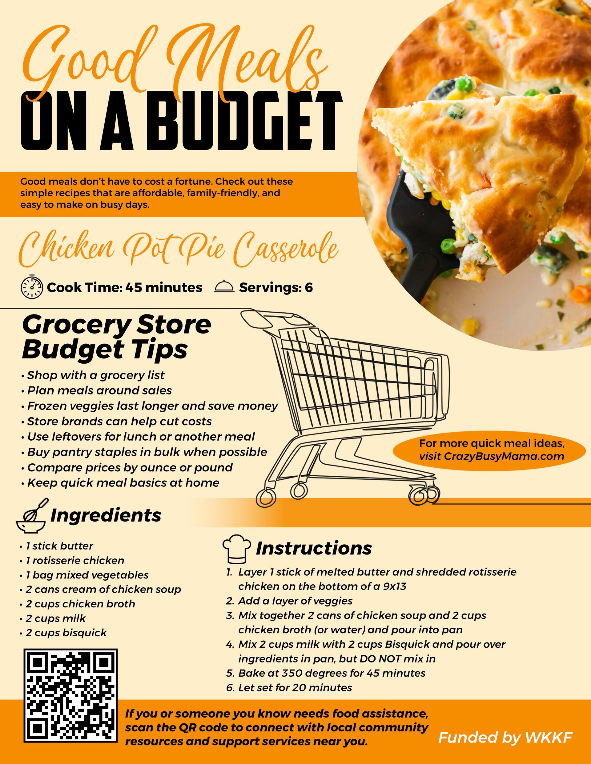 Recipe flyer for Chicken Pot Pie Casserole with grocery budget tips and a large spoonful of casserole near the top.