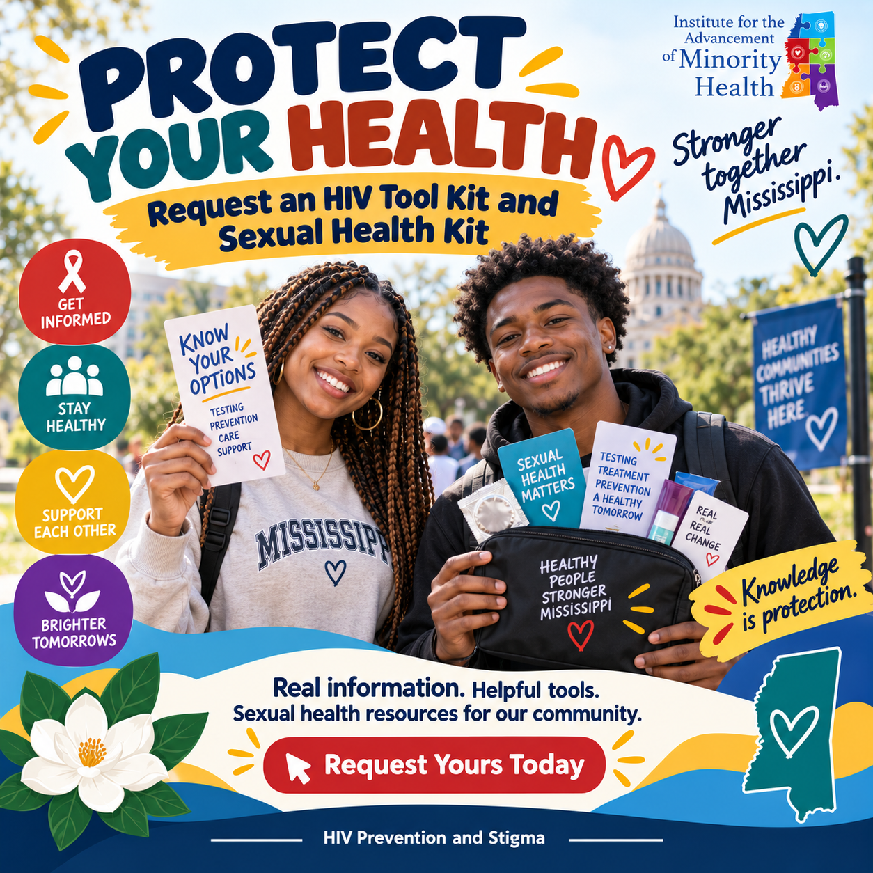 Protect your health sexual health kit promo with smiling teens and bold blue, red, and yellow text