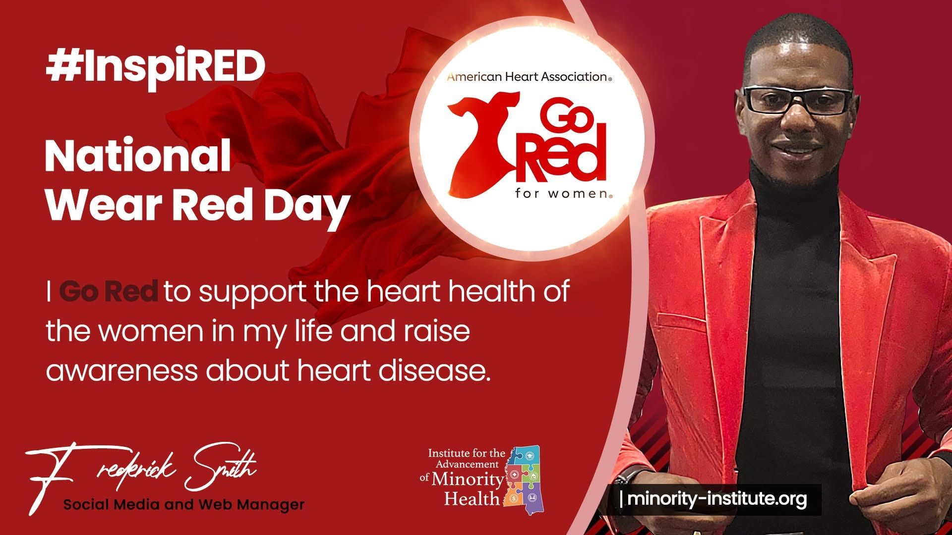 Man in red blazer for National Wear Red Day. Supports women's heart health, raises awareness.