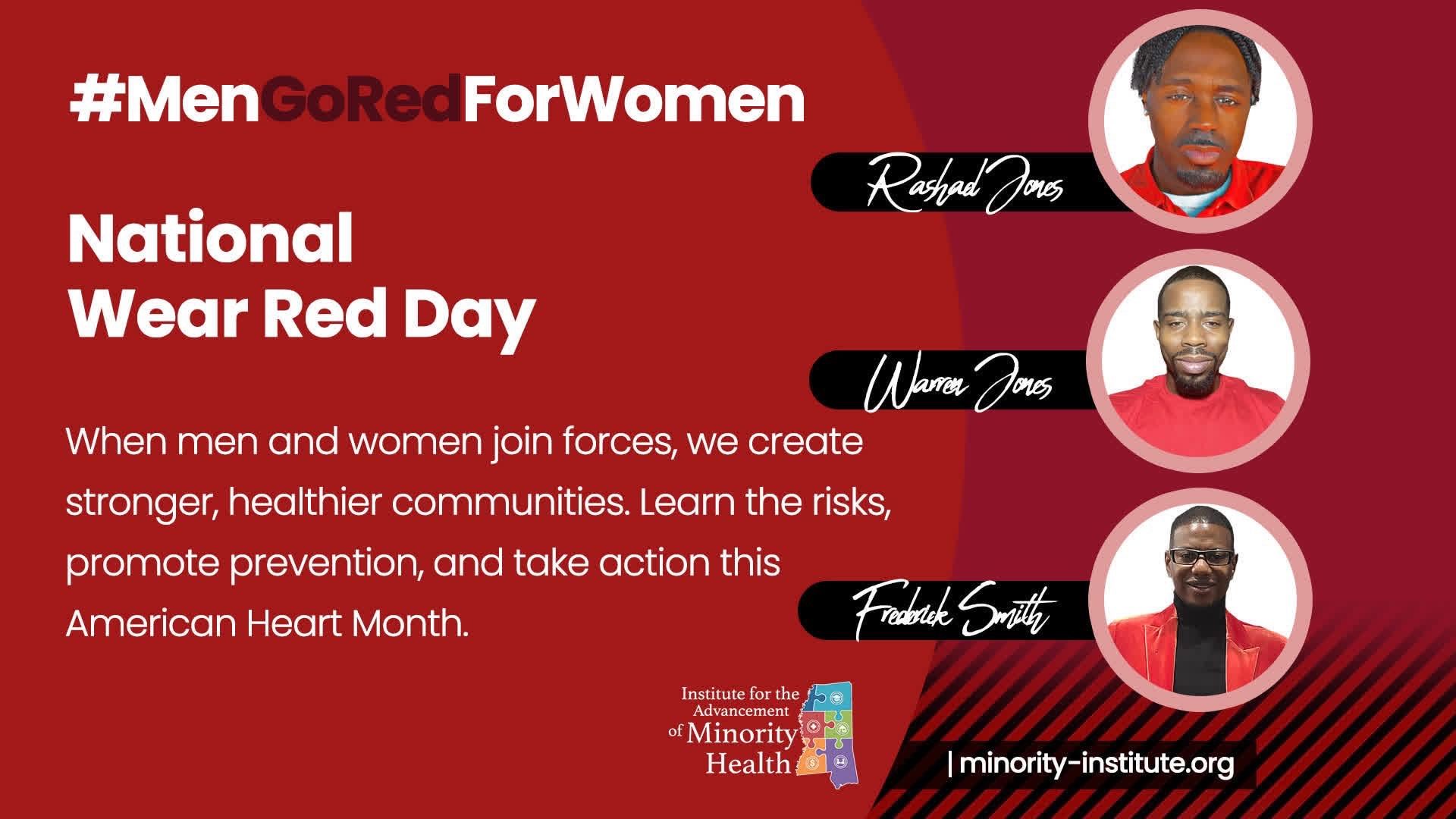 Poster for National Wear Red Day. Features three men in red, with text about promoting health and the American Heart Month.