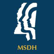 Mississippi State Department of Health logo: outline of Mississippi with three stylized faces in white on a navy blue background. MSDH in gold.