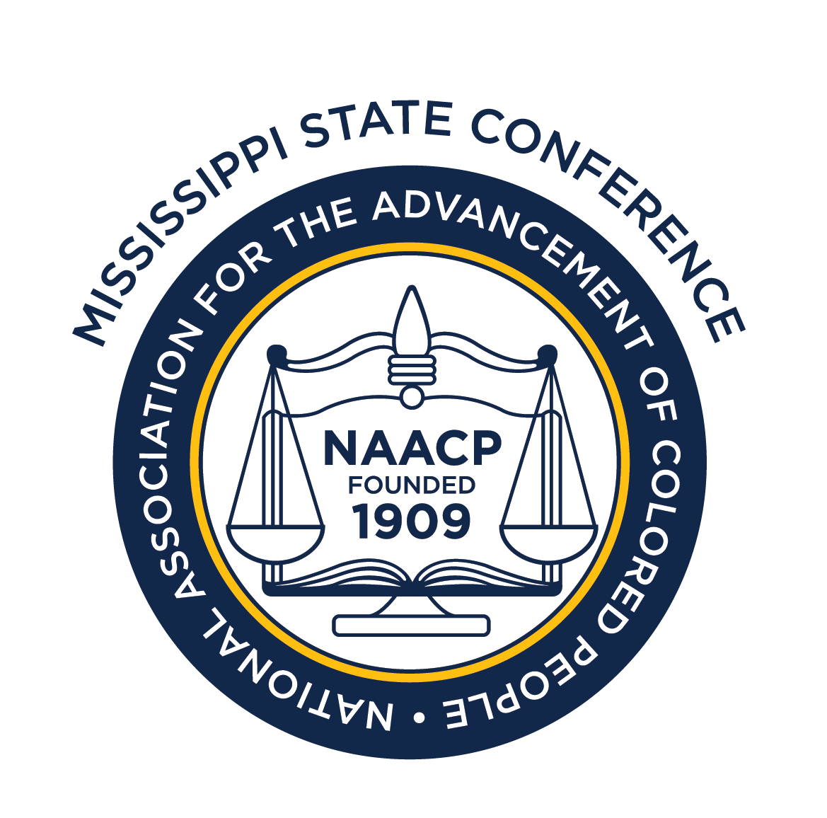 Mississippi NAACP State Conference logo: Scales of justice over a book, blue and gold, with text.