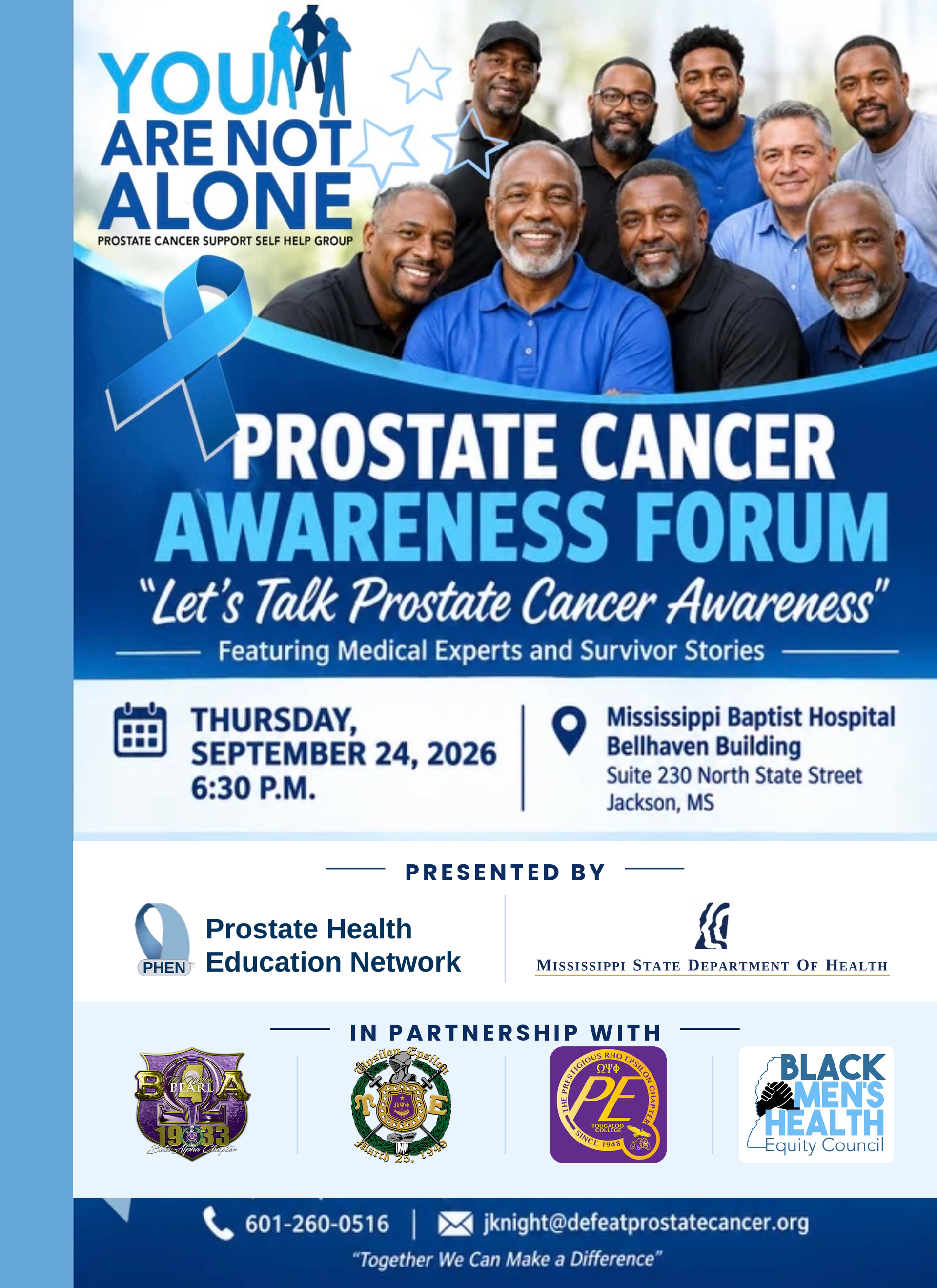 Prostate cancer awareness forum poster with event details and speaker photos on a blue background