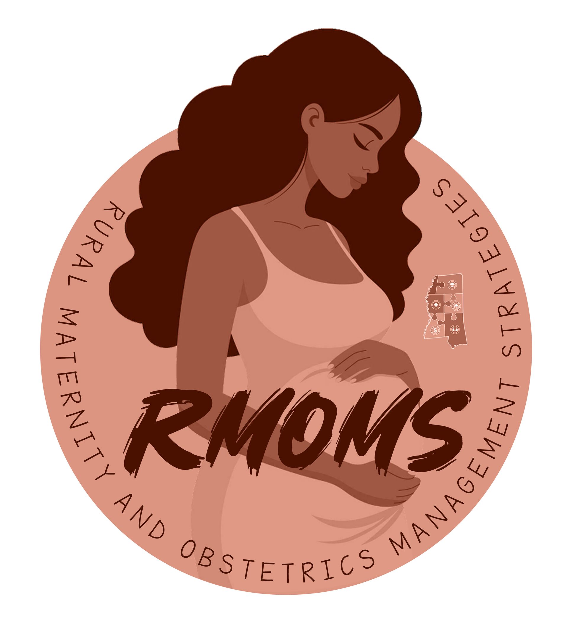 Logo: Pregnant person in light brown tones, holding belly; encircled by text