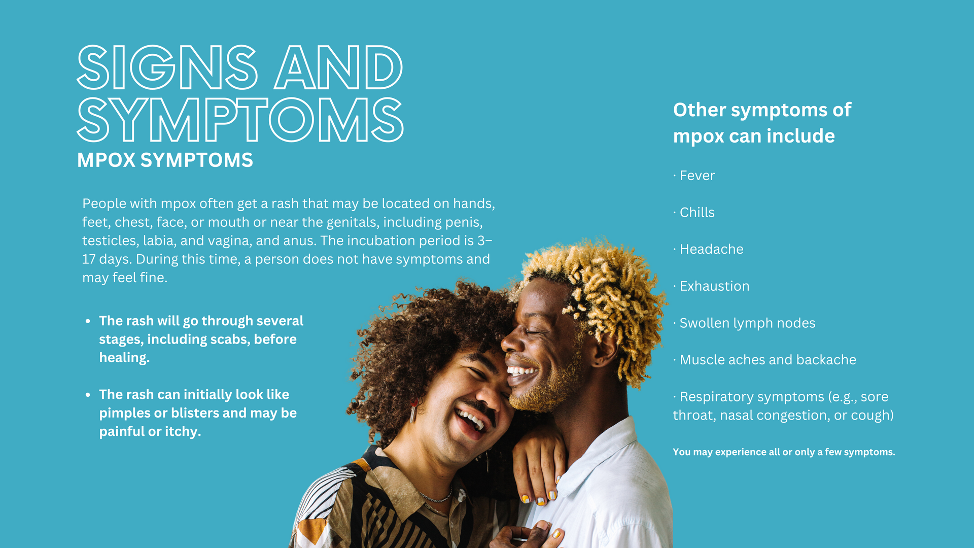 Slide about MPox signs/symptoms with two smiling people. Text lists symptoms like fever, chills, fatigue. Blue background.