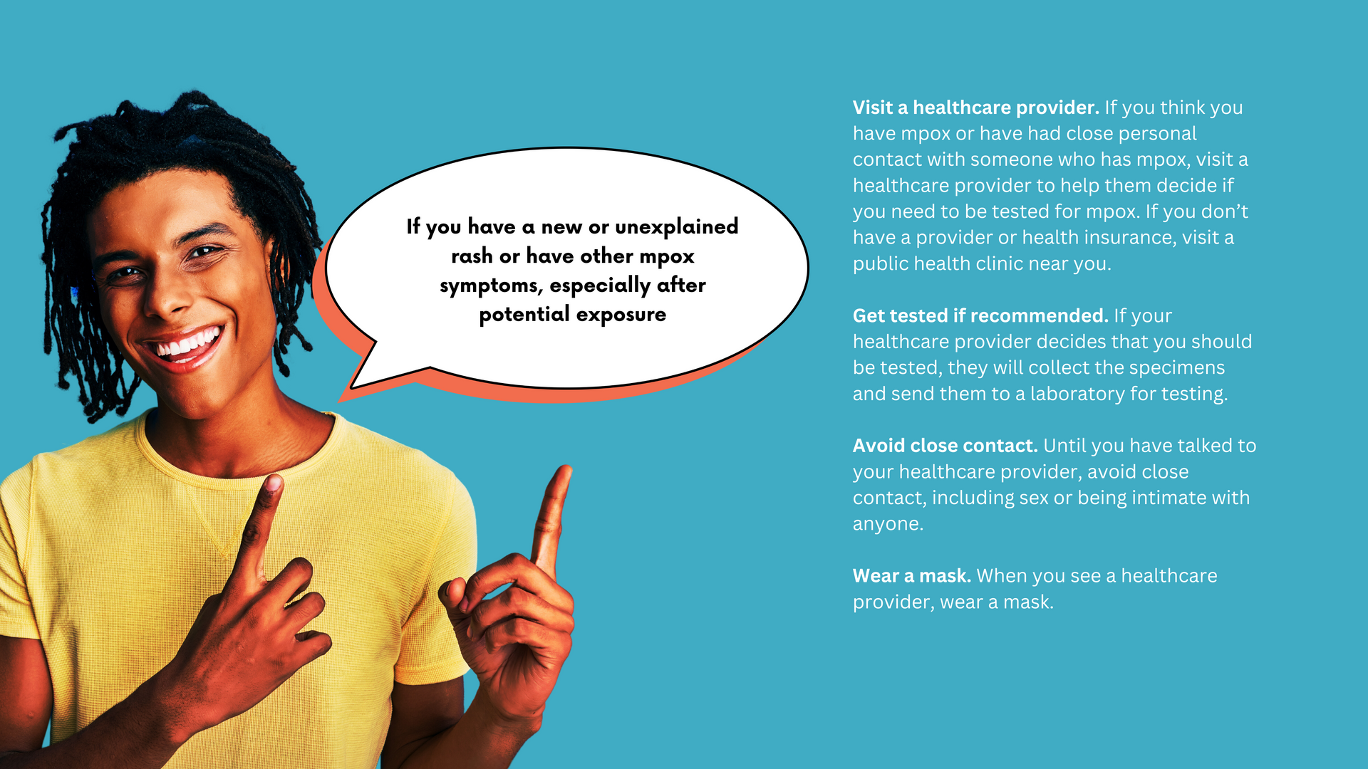 Man pointing up with a speech bubble about symptoms. Blue background and text.