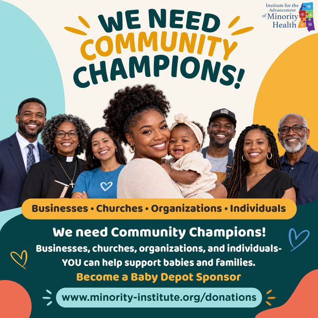 Community outreach flyer asking for baby depot sponsors, with diverse smiling people and donation website.