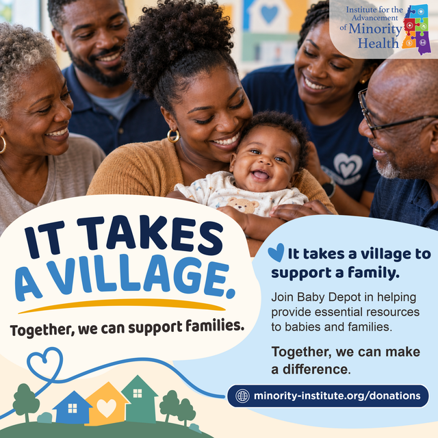 Happy family with baby; poster reads “It takes a village” and promotes supporting families.