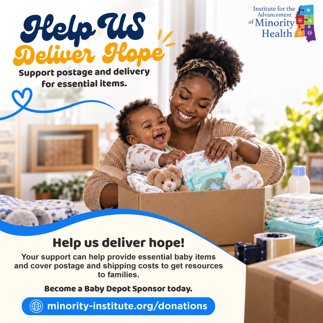 Woman packing baby supplies into a cardboard box for a "Help Us Deliver Hope" donation drive