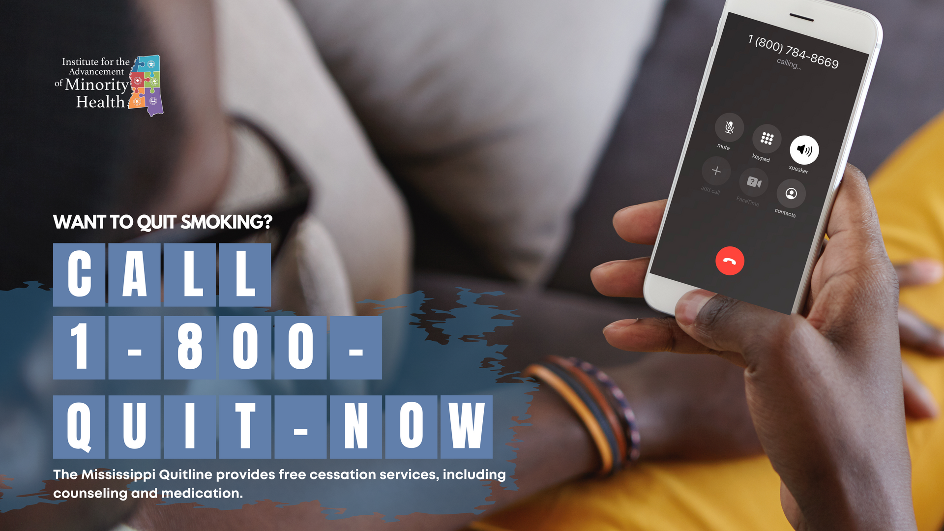 Ad for quitting smoking: A phone is held, with the number 1-800-QUIT-NOW displayed.
