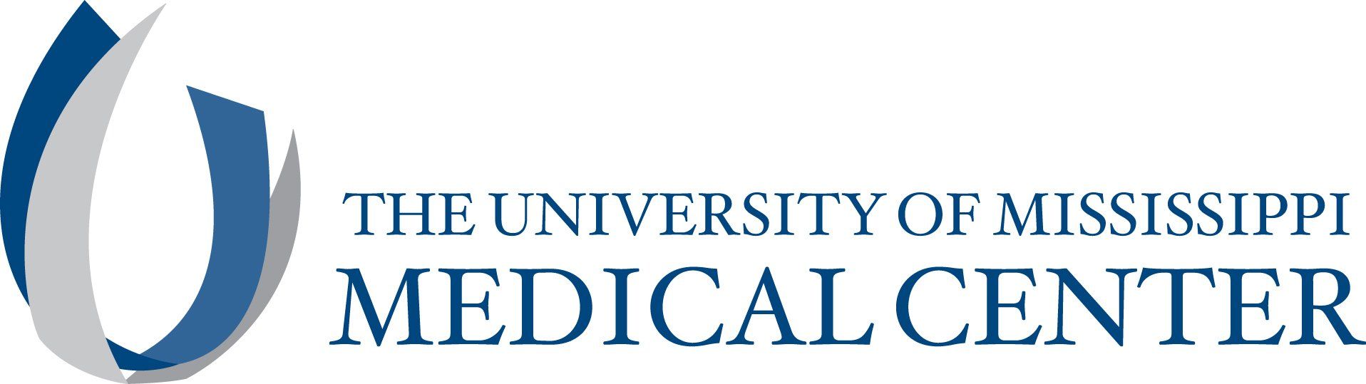 Logo for the University of Mississippi Medical Center, with a blue and gray stylized teardrop design and blue text.