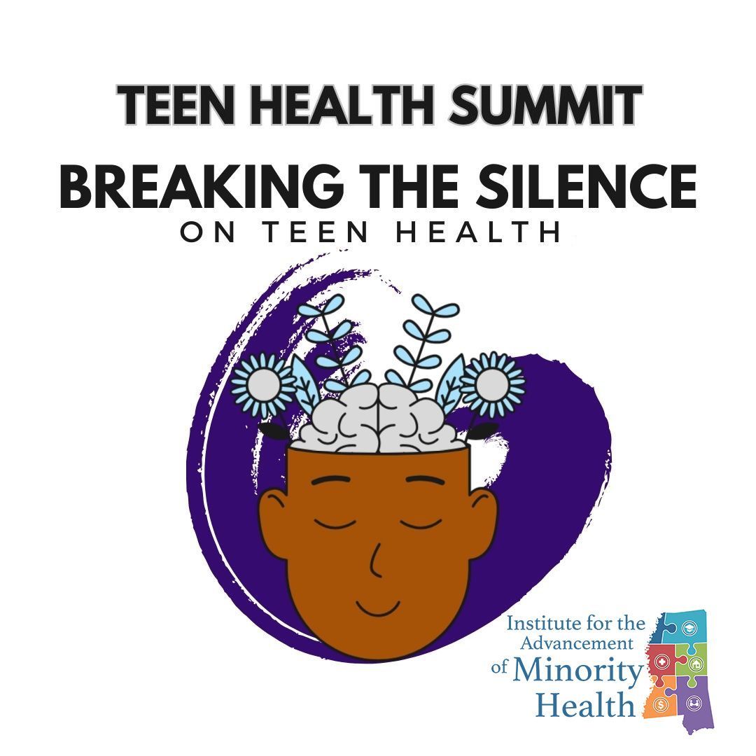 Teen Health Summit advertisement. Head with open top, brain with flowers, purple background,