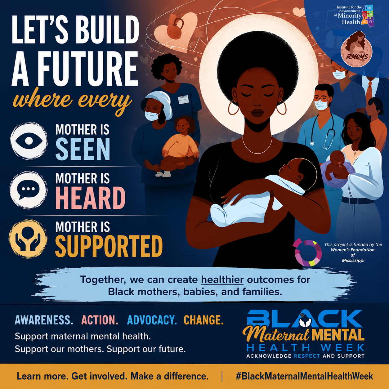 Black Maternal Health Week poster with mother and baby illustration, reading “seen, heard, supported”
