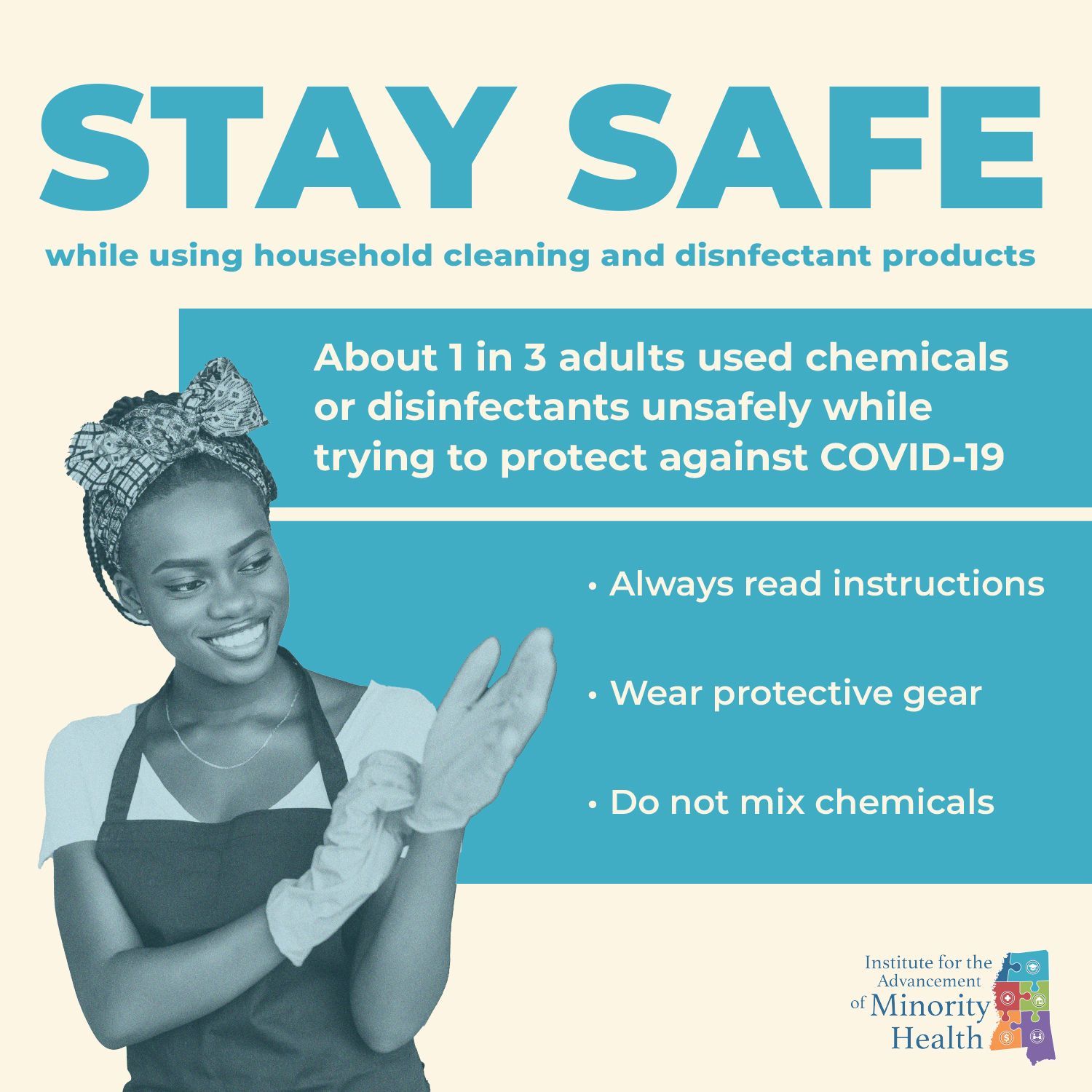 Woman putting on gloves, text: