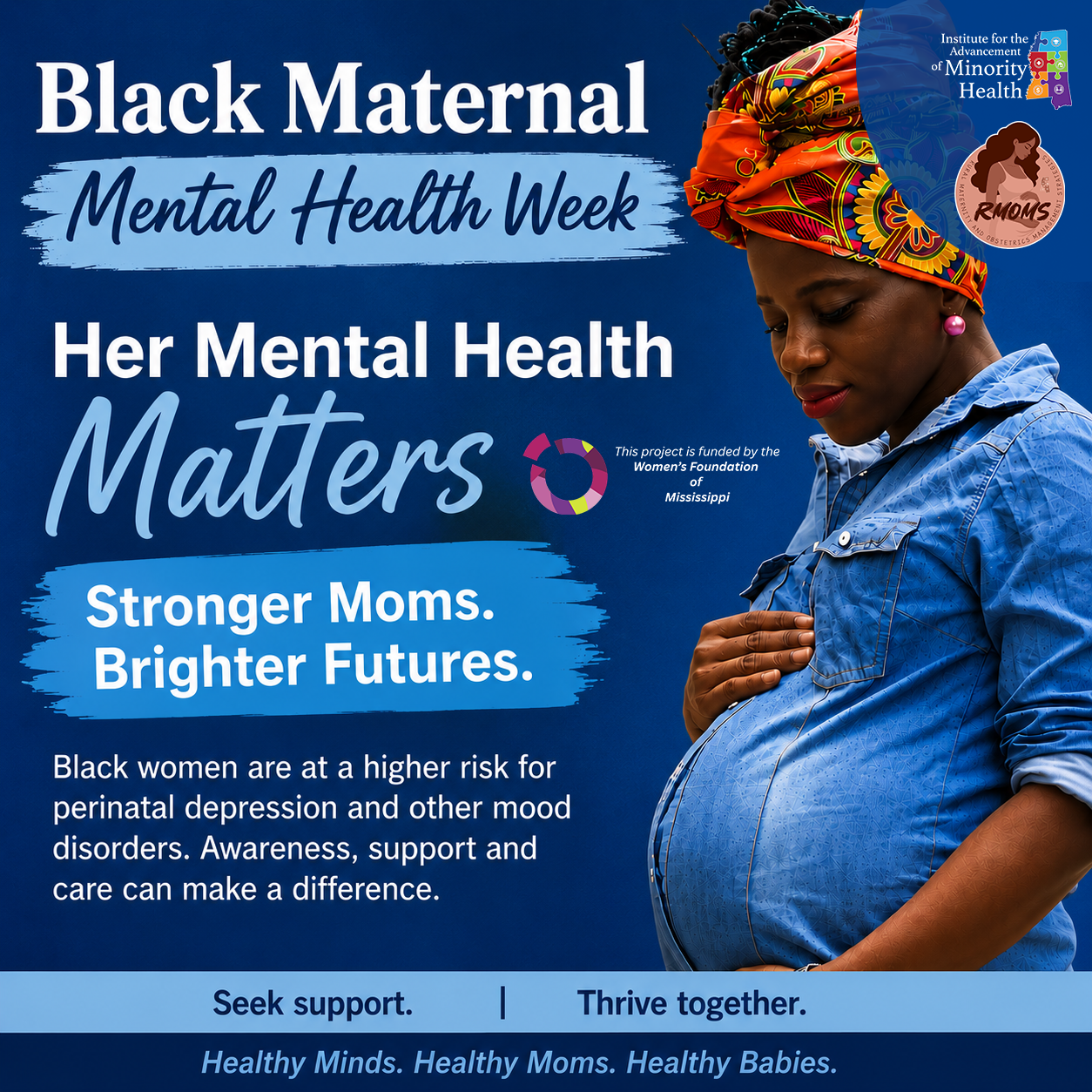 Black Maternal Mental Health Week poster with a pregnant woman in blue against a blue background