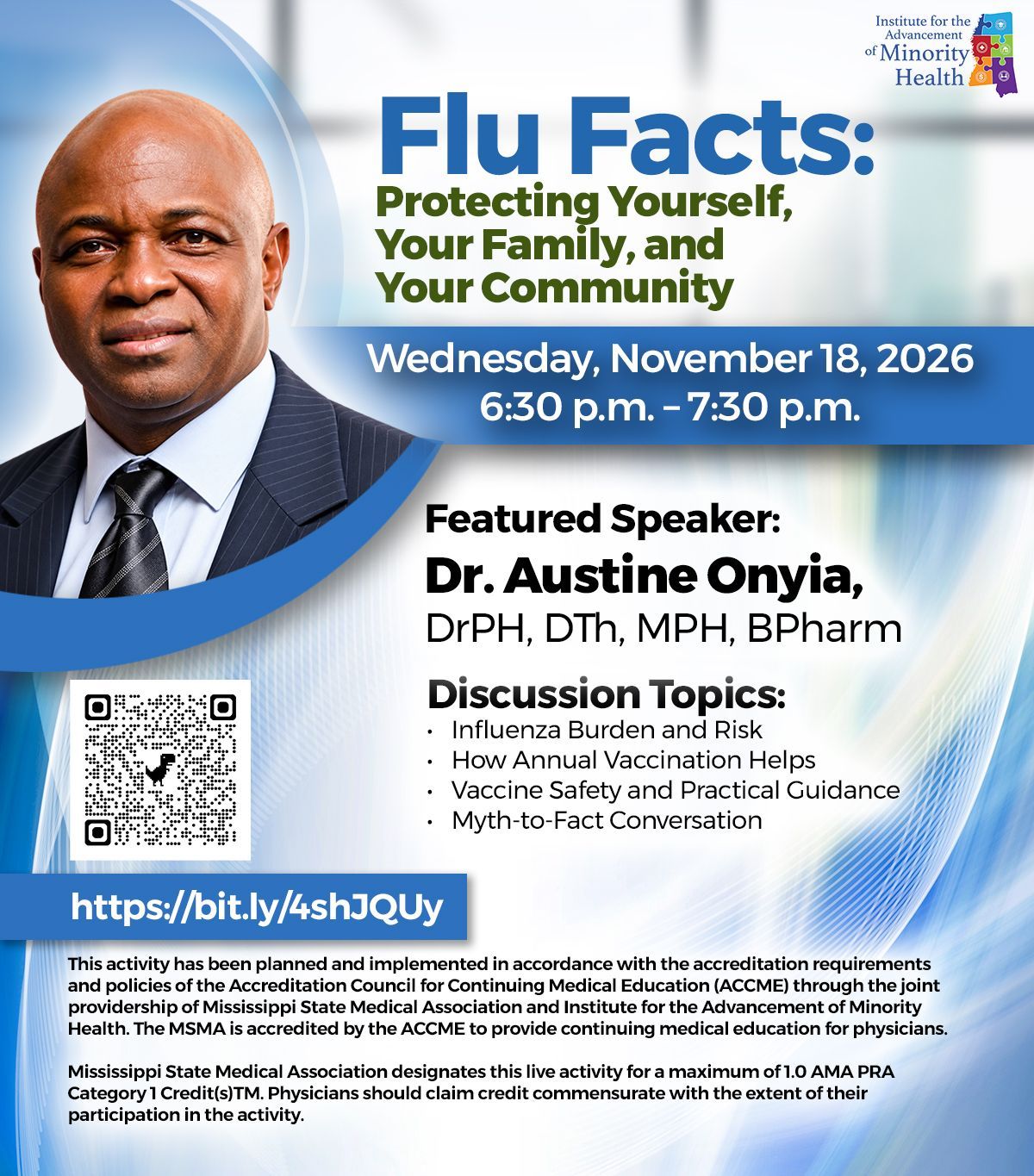 Flyer for “Flu Facts” with speaker Dr. Austine Onyiya, date, topics, QR code, and portrait on blue background